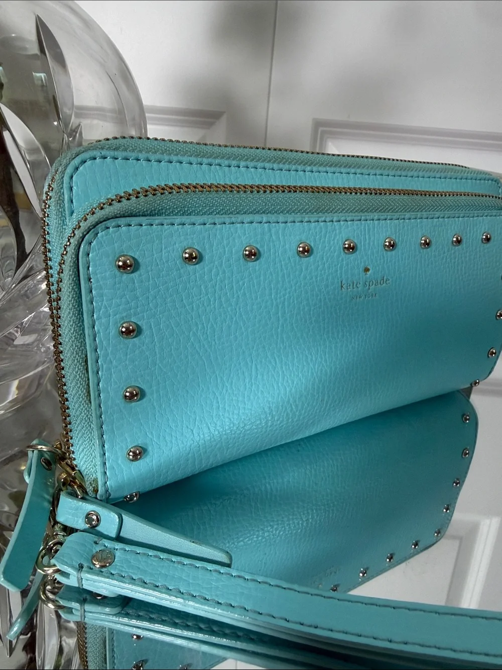 kate spade RARE Tiffany blue studded wristlet clutch